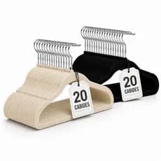 Kit 20 Cabides De Roupas Veludo Preto Bege Slim Antideslizante Adulto Ultra Fino Gancho 360°