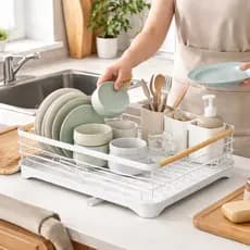 Escorredor De Louças Porta Talheres Organizador Cozinha Pratos Pia Branco Bambu