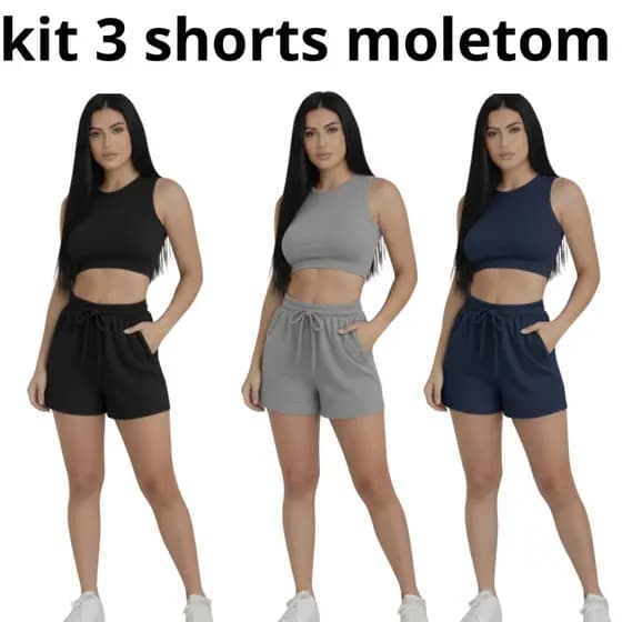 Kit 3 Short Moletom Feminino Básico Curto Cintura Alta Shortinho Feminino Casual Academia Dia a Dia