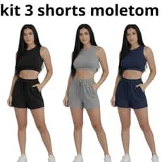 Kit 3 Short Moletom Feminino Básico Curto Cintura Alta Shortinho Feminino Casual Academia Dia a Dia