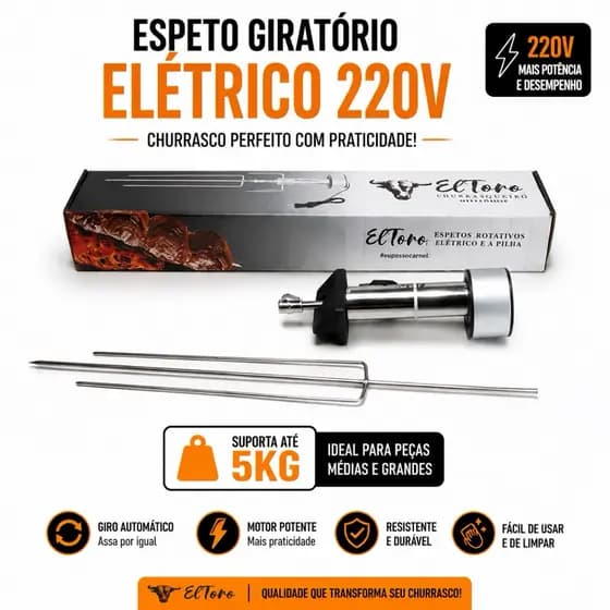 Espeto Elétrico Giratório inox Automático Com Garra Longa 50 a 70cm Churrasco