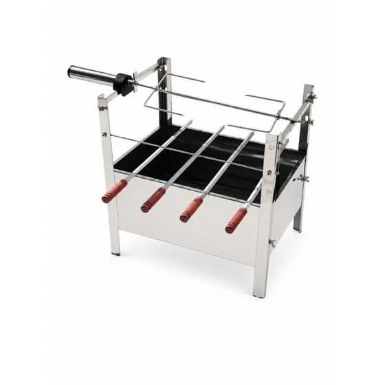 Churrasqueira Portátil Inox 60x45 cm com Espeto Giratório a Pilha + Acessórios costela