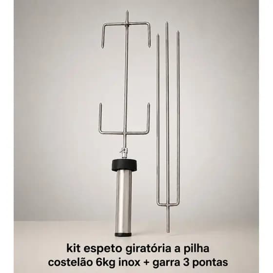 Espeto Giratório a Pilha Inox para Costelão 6kg + Haste de 3 Pontas