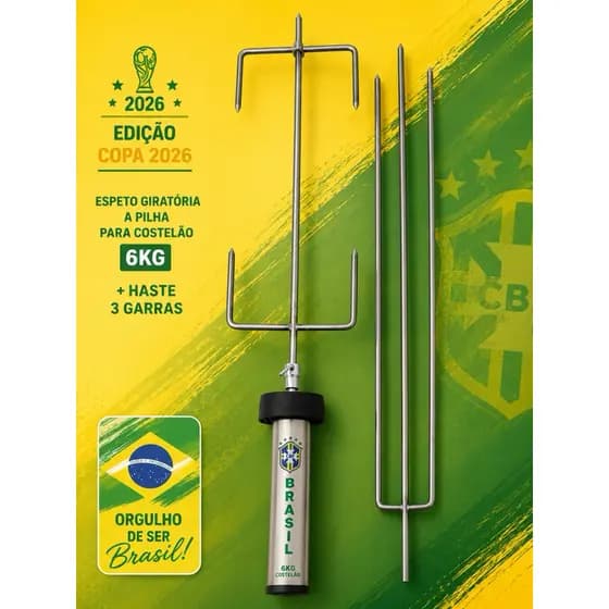 kit espeto giratório a pilha costela inox 6kg brasil  + haste 3 garras copa 2026