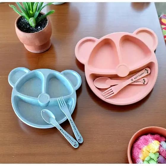Prato Infantil de Urso com Divisórias e Talheres Pratinho de Bebê Alimento Rosa e Azul