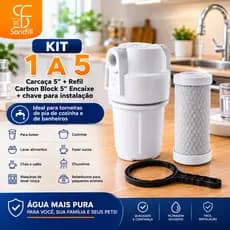 Filtro de Água 5 " Carbon Block Carvão Ativado Carcaça Branca POU Pia Chuveiro Bebedouro Kit 1 a 3