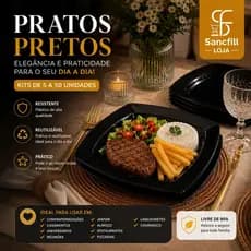 Kit 5 a 50 Unidades Prato Preto Plástico Preto Reutilizável  Festa Churrasco Aniversário