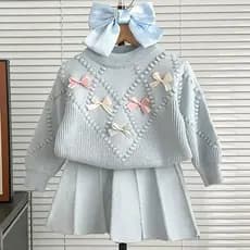 Meninas Camisola De Malha Vestido Arco Bordado Conjunto Inverno Elegante Duas Peças