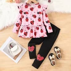Conjunto De Inverno Com Manga Comprida Para Meninas Estampa De Joaninha E Esvoaçante