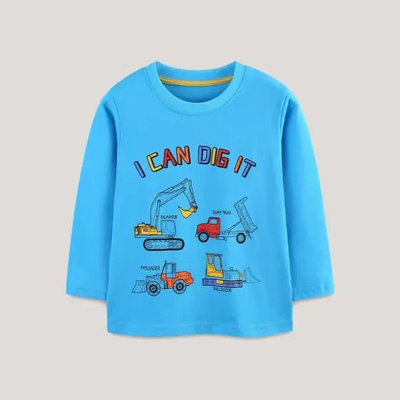 Camiseta De Manga Comprida Com Estampa De Escavadeira Para Meninos Pulôver Casual De Inverno Infantil