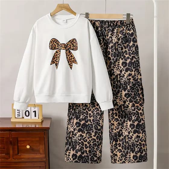 Conjunto De Calças Largas De Leopardo Com Laço Para Meninas Inverno Manga Comprida Casual
