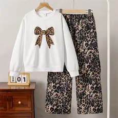 Conjunto De Calças Largas De Leopardo Com Laço Para Meninas Inverno Manga Comprida Casual