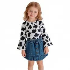 Conjunto De Saia Curta Jeans Feminina Manga Comprida Flare Inverno Casual