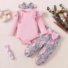 Conjunto De Faixa De Cabeça Com Nervuras De Manga Comprida Para Bebês Meninas Inverno