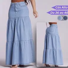 Saia Jeans Longa Feminina Evangélica Leve Sem Lycra 3 Marias Cós Alto Rodada Casual Confortável