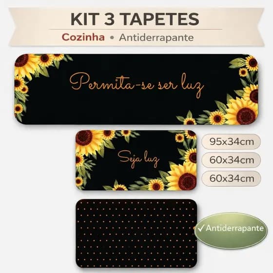 Kit 3 Tapetes de Cozinha Antiderrapantes - Margaridas