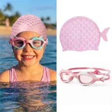 Kit Óculos Antiembaçante + UV e Touca Silicone Impermeável, Natação Infantil, 3 a 10 anos, Sereia, Peixe, Tubarão