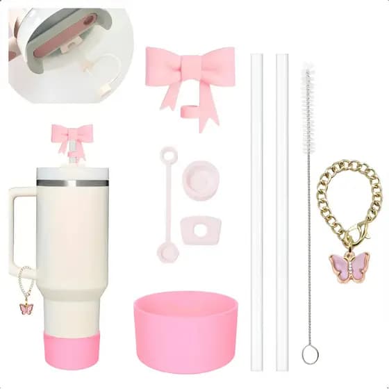 Kit 9 Pçs, Acessório Para Copo Térmico, Capa, Tampa Canudo, Anti-Derramamento, Corrente, Canudo, Escova (SEM O COPO)