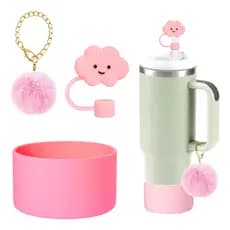 Kit 3 Peças, Acessório Para Copo Térmico, Capa Protetora, Tampa Canudo e Corrente com Pingente Pompom (SEM COPO)