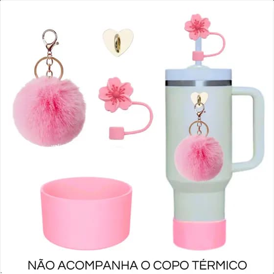 Kit 4 Peças,  Acessório Para Copo Térmico, Capa Protetora, Tampa Canudo 3 D, Chaveiro Pompom e Gancho Coração (SEM COPO)