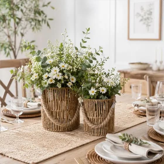 Kit 2 Peças: Vaso Decorativo Lanterna de Fibra Natural Rústica com Vidro e Alça