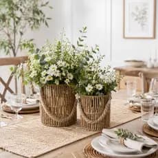 Kit 2 Peças: Vaso Decorativo Lanterna de Fibra Natural Rústica com Vidro e Alça