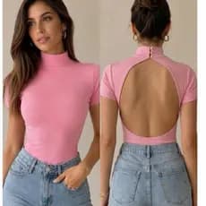 Body feminino gola alta e manga curta com Costa nua suplex premium (RITA)