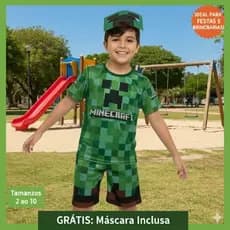 Fantasia Minecraft Infantil Menino com Máscara Roupa Carnaval Dia das Crianças Aniversário Festa Temática