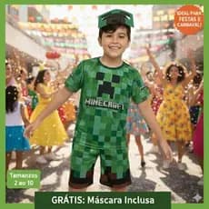Fantasia Infantil Minecraft Menino com Máscara Dia das Crianças Carnaval Aniversário Festa à Fantasia
