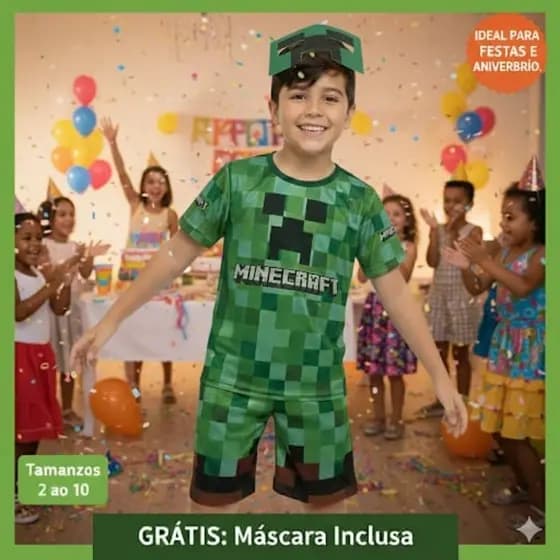 Fantasia Minecraft Infantil Menino com Máscara Roupa Dia das Crianças Carnaval Aniversário Festa à Fantasia