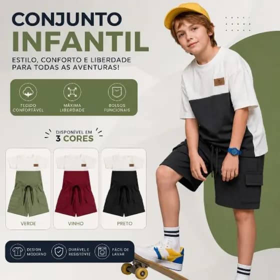 Conjunto Infantil Menino Mauricinho Malha Premium Camiseta + Bermuda com Bolso Lateral Tamanhos 4 ao 12
