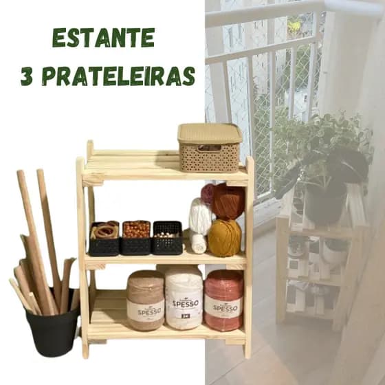 Estante Pinus 3 Prateleiras 65cm Altura Rack Organizadora Cozinha Banheiro
