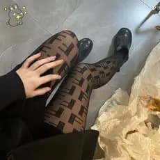 Meias-Calças Ultrathin Silk Cartas Fishnet Pretas Transparentes Impressas Para Femininas