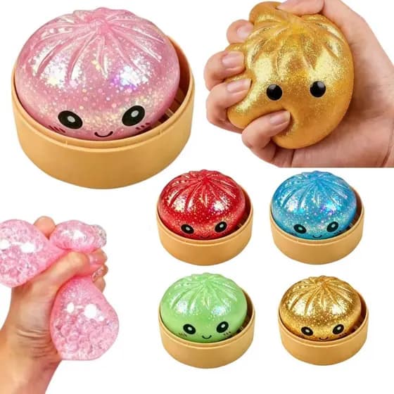8.5 Cm Glitter Bun Squishy Toy Com Cesta De Vapor Bolinho Stress Relief Squeeze Ball Fidget Bola De Descompressão Brinqu