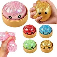 8.5 Cm Glitter Bun Squishy Toy Com Cesta De Vapor Bolinho Stress Relief Squeeze Ball Fidget Bola De Descompressão Brinqu
