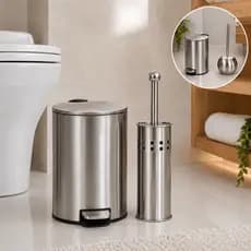 Lixeira com Pedal Inox 5L ou 12L + Escova Sanitária Circular ou Cilíndrica Vaso Sanitário Banheiro