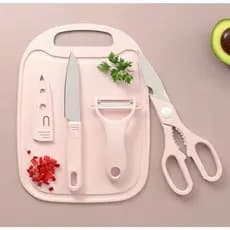 Kit 4 Utensílios Descascador Tábua Cortador Talheres Tesoura Faca Afiado Cozinha Inox
