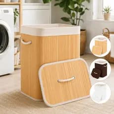 Cesto de Bambu com Tampa Natural Marrom ou Branco Roupas Sujas Brinquedos Forrado Dobrável 70L