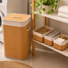 Cesto de Roupa Bambu + Cestos Organizadores 3 ou 4 Peças Bambu Lavanderia Quarto Banheiro Brinquedos