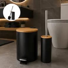 Lixeira com Pedal 5L e/ou Escova Sanitária Suporte Preto Fosco e Bambu Banheiro Lavabo Consultório