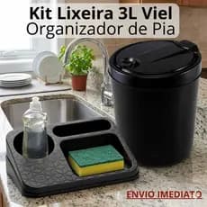Kit Lixeira 3 Litros Viel e Organizador de Pia Porta Detergente e Esponja Preto UZ