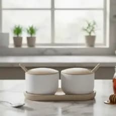Kit Saleiro E Açucareiro Ou Pimenteiro C/ Tampa E Colheres Plástico PLA Ecologico Branco e Bege