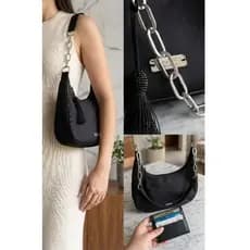 Bolsa Meia Lua + Carteira Porta Cartão Anny Shop Preto com Bolso Extra