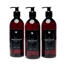 Kit 3pçs Frasco Âmbar Shampoo Condicionador Sabonete Rótulo Preto Organização de Banheiro Minimalista