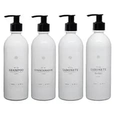 Kit 4pçs Frasco Plástico Branco 500ml Shampoo Condicionador Sabonete e Sabonete Íntimo Banheiro Luxo