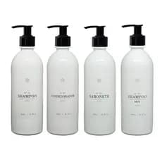 Kit 4 peças Frascos Plástico Branco 500ml Shampoo Condicionador Sabonete e Shampoo Men Banheiro Luxo