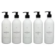 Kit 5pçs Frasco Plástico Branco 500ml Shampoo Cond Sabonete Shampoo Men e Sab Facial Banheiro Luxo