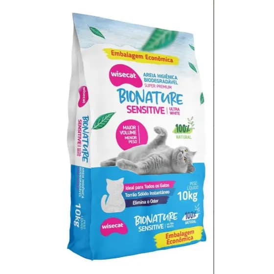 Areia Higiênica Gato Biodegradável 10kg Bionature Sensitive Ultra White Sem Odor Torrão Forte