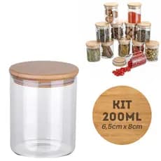 Porta Tempero Pote Hermético Borossilicato Tampa Bambu Premium Jogo Cozinha Banheiro Algodão Cotonete Ecológico 200ml