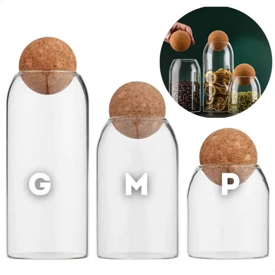 Pote de Vidro Borossilicato Tampa Bola Esfera Cortiça Porta Mantimentos Café Biscoitos Decoração Enfeite Vela Artesanal